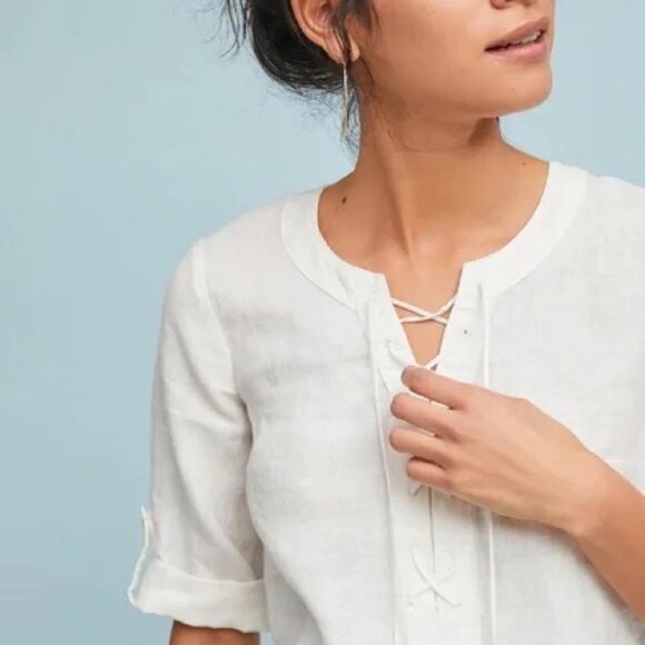Anthropologie Maeve White Marva Lace up 100% Linen Tunic Top sz 0 | Linen Blouse - Picture 2 of 14